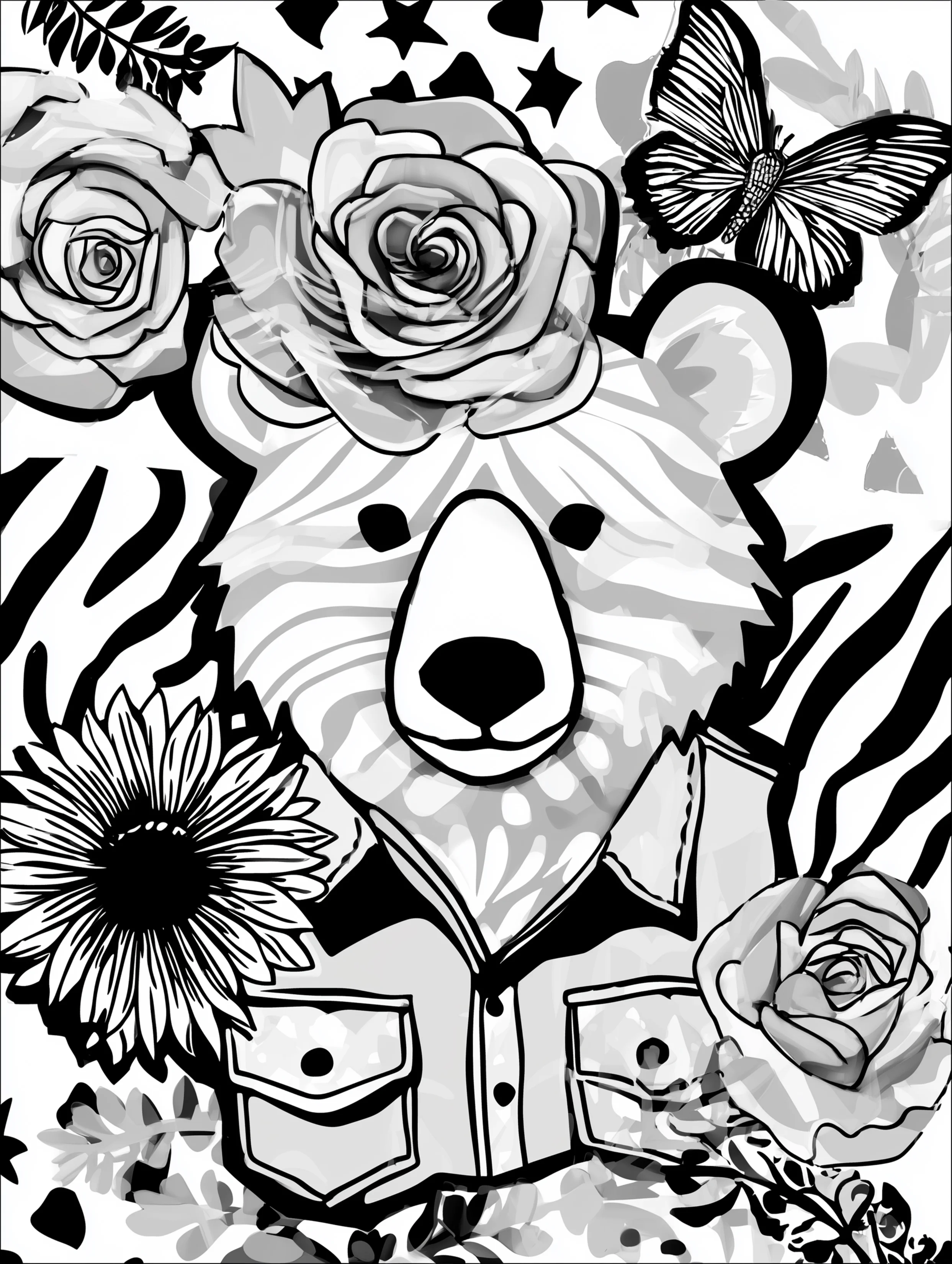 Free printable bear coloring book page featuring a bear with a butterfly and floral jacket